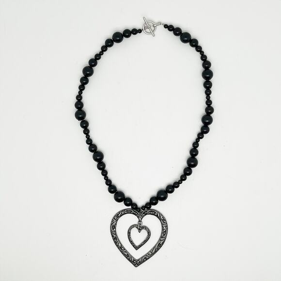 Handmade Black Beaded Double Heart Pendant Necklace Artisan Handcrafted - Picture 1 of 3